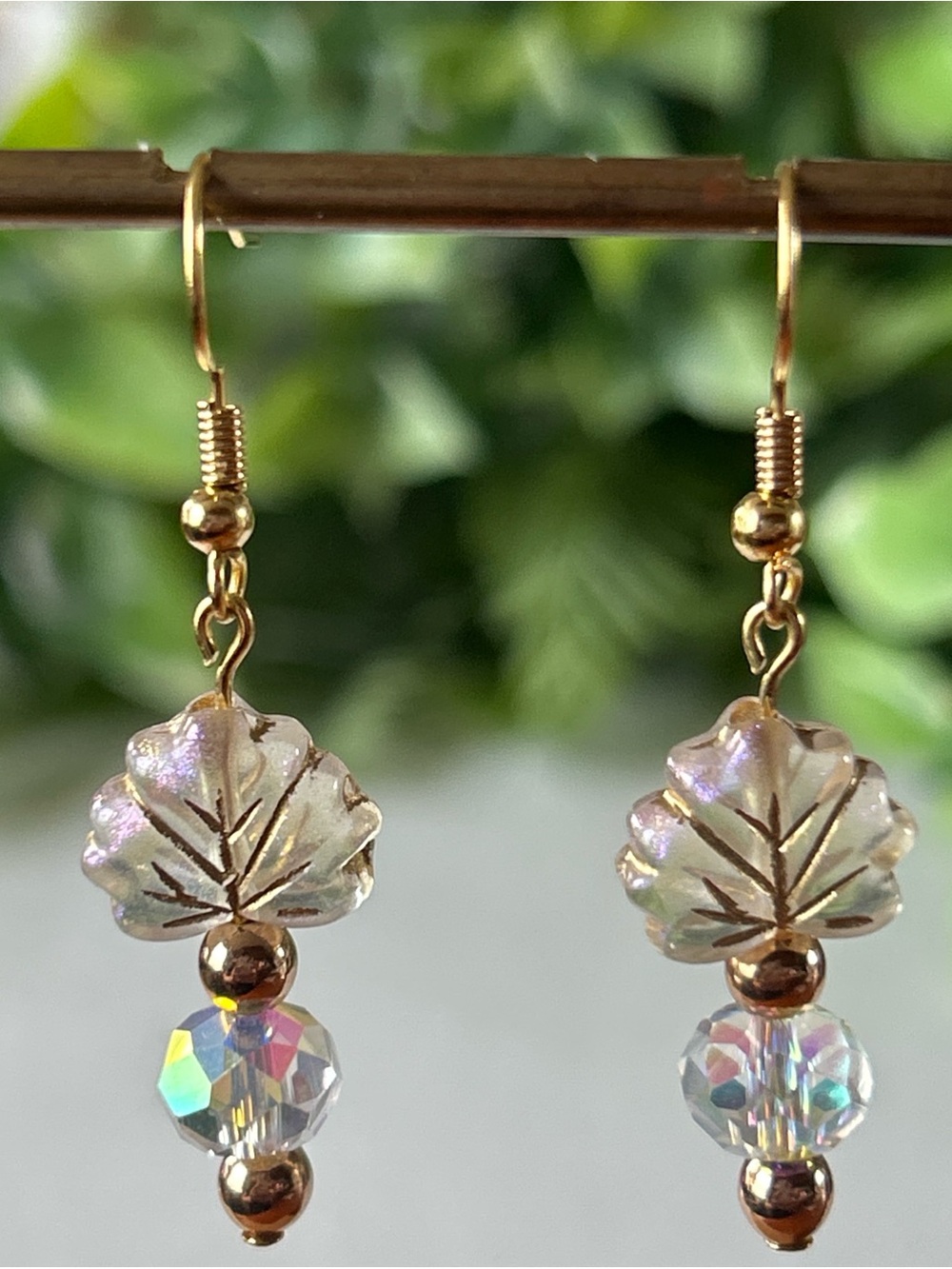 Gold-Tone Iridescent Leaf Drop Earrings with Sparkling Crystal Accent